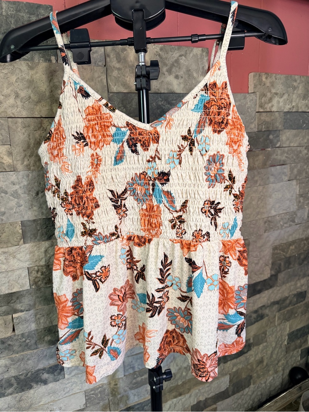 Maurices Floral Smocked Babydoll Cami Tank Top Cream Orange Blue Size Large L